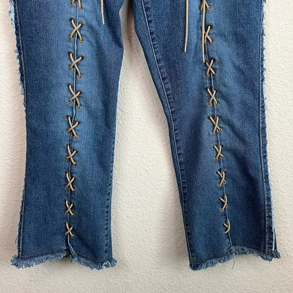 Younique Jeans Vintage Y2K Women's 9 Lace Up Leg Mid Rise Capris Stretch Denim - Picture 3 of 6